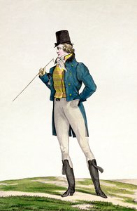 Dandy Robinson kalapban, gyermeki fürtökkel, kötött nadrággal és lovaglócsizmával, az Incroyable et merveilleuse divattányér-sorozat 5. táblája, Georges Jacques Gatine (1773-1831) metszetével alkotó: Antoine Charles Horace Vernet