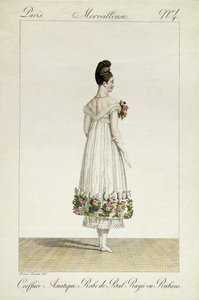 Ázsiai frizurájú hölgy szalaggal szegett gömbruhában, 4. tábla az „Incroyable et merveilleuse” divattányér-sorozatból, Georges Jacques Gatine (1773-1831) metszetével, megjelent 1 alkotó: Antoine Charles Horace Vernet
