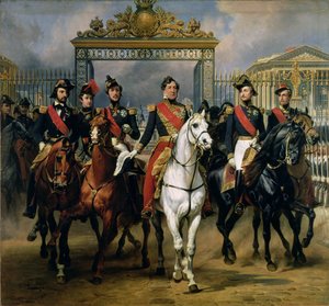 Lajos Fülöp (1773-1850) francia király és fiai lóháton hagyják el a versailles-i kastélyt, 1846