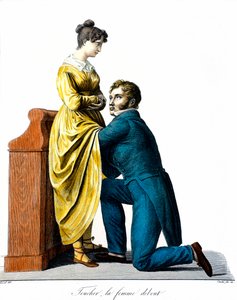 Álló nő megérintése: A páciens orvoshoz fordul, aki a ruha alá hallgatja. Chazal metszete (XIX. század). Párizs, Orvostudományi Akadémia