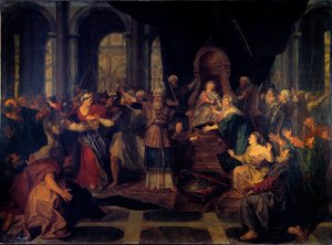 Atáliát elüldözték a templomból. Atalia, Jórám, Júda királyának felesége özvegy marad, és a zsidó vallás elhagyásával kormányozza a királyságot. Antoine Coypel (1661-1722) festménye