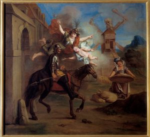 Don Quijote az őrülettől hajtva elhagyja házát, hogy vándorlovaggá váljon. Miguel de Cervantes Saavedra (1547-1616) „A leleményes Don Quijote La Mancha úriember”. Charles Antoine Coypel (1694-1752) festménye, 1716 között. Olaj, vászon