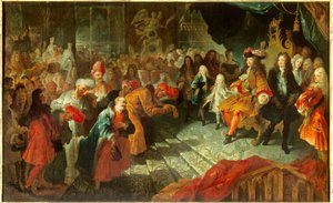XIV. Lajos király (1638-1715) 1715.02.19-én fogadja Perzsia rendkívüli nagykövetét, Mehemet Reza béget (Raza-Bey) a versailles-i jégkrém galériájában. Antoine Coypel (1661-1722) Sun festménye. 0,7x1,5 m
