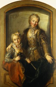Madame Dupille és lánya portréja, középtestű, díszruhába öltözve az ablakban, 1733 alkotó: Antoine Coypel
