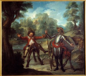 Don Quijote története: Sancho felébred, és kétségbeesetten nem találja meg szeretett Grisonját. Miguel de Cervantes Saavedra (1547-1616) „A leleményes Don Quijote La Mancha úriember”. Charles Antoine Coypel (1694-1752) festménye