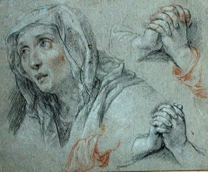 Tanulmányok a Szűz figurájához, 1700 körül (fekete-vörös kréta fehérrel kiemelve a papíron) alkotó: Antoine Coypel