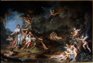 Az elbűvölő Armide, aki meg akarja szúrni Renaud-t, átengedi a Love-ot (más néven „The Sleep of Renaud”). Illusztráció a „Jeruzsálemi Delivree” (La gerusalemme liberata) jelenetéről, Torquato Tassotól (bögreként ismert). Charles Antoine Coypel festménye (1