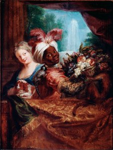 Fiatal lány simogatta a kutyát és fekete szolga bemutat egy kosár gyümölcsöt Egy kis majom fekszik a vállán. Antoine Coypel (1661-1722) festménye V. 28x21,5 cm Párizs, Musee du Louvre