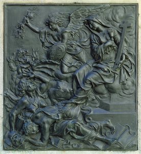 Az eretnekeket kiűző francia angyal, részlet XIV. Lajos szobrának talapzatáról, 1687 körül (bronz)