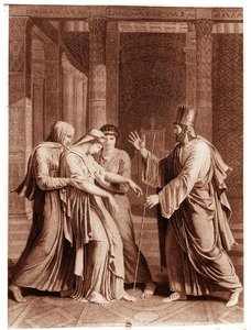 Eszter Assuerus előtt, illusztráció Jean Racine (1639-99) Eszter című művéből, Mathieu metszete (metszet) (fekete-fehér fotó) alkotó: Antoine Denis (after) Chaudet