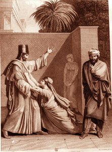 Esther Könyörög Assuerusnak Aman jelenlétében, illusztráció Jean Racine (1639-99) „Eszter” című művéből, J.J. Coiny (metszet) (f/w fotó) alkotó: Antoine Denis (after) Chaudet