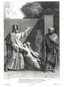 Esther Assuerust könyörögve Aman jelenlétében, Esther illusztrációja, Jean Racine (1639-99), metszett J.J. Coiny (1761-1809)