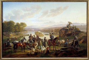 Lyoni művészek megállója a lyoni Barbe-szigeten A festők és zenészek pihennek egy lovaglás közben. Antoine Duclaux (1783-1868) festménye 1824 V. 0,86x1,31 m Lyon, Musee des Beaux Arts alkotó: Antoine Duclaux