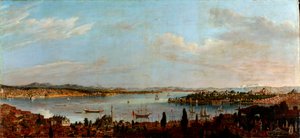 Panorámás kilátás Isztambulra, Törökország"" (Isztambul panorámája) Antoine Favray festménye (1706-1791) Olaj, vászon 18. század Mérete 100x213 cm Pera Múzeum, Isztambul alkotó: Antoine Favray