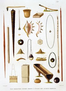 Háztartási eszközök és fegyverek a Marianas-szigetekről, a Voyage autour du Monde-ból (1817-20), Louis Claude De Saulces de Freycinet (1779-1842) vésette: Jean Louis Denis Coutant (1776-1831), p. alkotó: Antoine Germain Bevalet