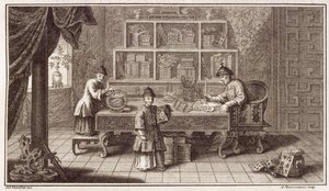 Kínai kalligráfia bolt, a kínai holland nagykövetség beszámolójából, A. Maisonneuve metszete, 1670-es évek alkotó: Antoine Humblot