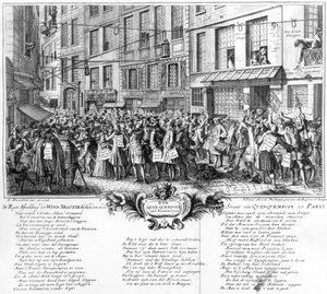 Befektetők a Banque Royale főhadiszállása előtt a Rue Quincampoix-ban, Párizs, 1720 alkotó: Antoine Humblot