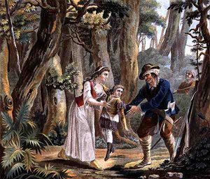 Anjou Margit (1429-82) és a tolvaj által megmentett fia, metszette Jean Baptiste Morret (1790-1820) 1787 (színes metszet)