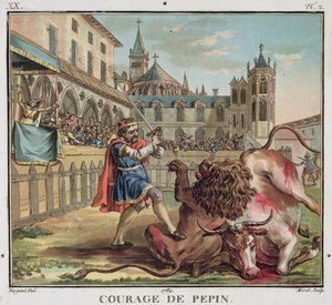 Pepin bátorsága (714-68), vésette: Jean Baptiste Morret (fl. 1790-1820) 1789 (színes metszet) alkotó: Antoine Louis Francois (after) Sergent-Marceau