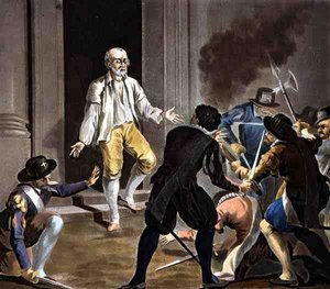 Gaspard de Coligny halála, vésette Jean Baptiste Morret (fl.1790-1820) 1788 (színes metszet)
