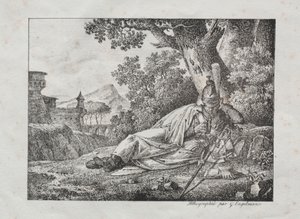 Litográfiai esszék gyűjteménye: Füstölgő sárkány egy fa tövében fekszik, 1822.