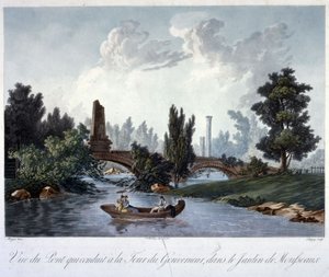 Híd a Tour du Gouverneur-hez a Parc Monceau-ban, Chapuy metszete (akvatinta) alkotó: Antoine Pierre after Mongin