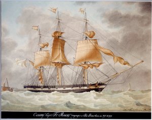 Az Ocean Trois Mats Carres, Utazás a Bourbon-szigetre, Antoine Roux akvarellje (1765-1835) 1827-1829 Marseille, Tengerészeti Múzeum