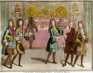 A büfé áll a harapnivalókért XIV. Lajos (1638-1715) családjának lakásainak hatodik hálószobájában a versailles-i lakás estéin 1696 körül Antoine Trouvain (1656-1708) metszete 1696 kb. Magángyűjtemény