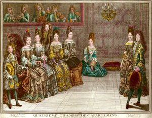 Táncolj XIV. Lajos (1638-1715) családjának apartmanjainak negyedik hálószobájában 1696 körül a versailles-i apartman estéin: Chartres hercege a menüt Mademoiselle-vel táncolja Maine hercegnőjének, a vidék hercegének jelenlétében. B