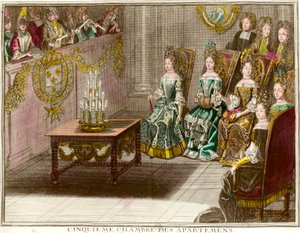 Zenei előadás XIV. Lajos (1638-1715) családi apartmanjainak ötödik hálószobájában a versailles-i apartman estéin 1694 körül Antoine Trouvain (1656-1708) metszete 1694 kb. Magángyűjtemény