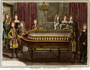 Philippe francia, Anjou hercege, majd spanyol király (1683-1746), Károly, Berry herceg (1686-1714) és walesi herceg portékán játszik XIV. Lajos első versailles-i lakásában – Antoine Trouvain metsze (1656) -1708) Magángyűjtemény - Cha