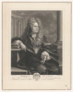 Robert de Cotte portréja egy könyvre támaszkodva a klasszikus építészetben Robert De Cotte (cím a tárgyon)