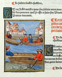 Révészek a Szajna folyón, az „Ordonnances Royaux de la Juridiction de la Prevote des Marchands de la Ville de Paris”-ból, 1528 (wc und gouache papíron)