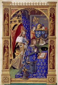 XII. Lajos francia király (1462-1515) imában Nagy Károlyral a háta mögött – Antoine Verard (1485-1512) miniatúrája "VIII. Károly óráinak könyvében"