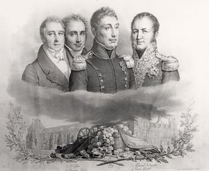 Az 1830. július 29-i ideiglenes kormány. L to R: Jacques Lafitte (1767-1844), Casimir Perier (1777-1832), Lafayette tábornok (1757-1834) és Comte Etienne Maurice Gerard (1773-1852) 1831