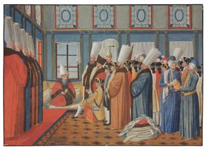 De Vergennes gróf, XV. Lajos nagykövetének bemutatása Reis Effendinek, az oszmán szultán nagyvezírjének, "Uthman III" 1755. május 31-én alkotó: Antoine de Favray