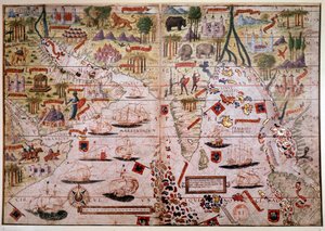 Az Indes portugál tengeri atlasz. Pierre és Georges Reinel, Lopo Homem (térképészek) és Antoine de Hollande (miniaturista) 1519-ben készített Atlas Miller kéziratának oldala. 16. század. Paris, B N. alkotó: Antoine de Hollande