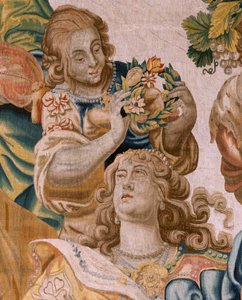 Flamand kárpit. sorozat Thészeusz története. Bacchus feleségül veszi Ariadnét (Baco toma a Ariadna por esposa). Kilencedik kárpit a sorozatban. Anthonis Sallaert modell. Gyártás Jan Raes the Younger, Brüsszel. 1630 körül; Szövet Selyem és gyapjú. Mérete 39