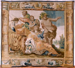 Flamand kárpit. sorozat Thészeusz története. Bacchus feleségül veszi Ariadnét (Baco toma a Ariadna por esposa). Kilencedik kárpit a sorozatban. Anthonis Sallaert modell. Gyártás Jan Raes the Younger, Brüsszel. 1630 körül; Szövet Selyem és gyapjú. Mérete 39