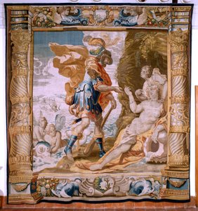 Flamand kárpit. sorozat Thészeusz története. Thészeusz megkapja Minos gyűrűjét Amphitritetől (Teseo recibe de Anfítrite la sortija de Minos). A sorozat ötödik kárpitja. Anthonis Sallaert modell. Gyártás Jan Raes the Younger, Brüsszel. 1630 körül. Szövet Se