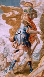 Flamand kárpit. sorozat Thészeusz története. Thészeusz megkapja Minos gyűrűjét Amphitritetől (Teseo recibe de Anfítrite la sortija de Minos). A sorozat ötödik kárpitja. Anthonis Sallaert modell. Gyártás Jan Raes the Younger, Brüsszel. 1630 körül. Szövet Se