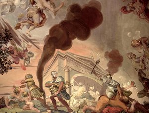 A béke diadala a háború felett, a templomot kifosztó katonák részlete a nagyterem mennyezetéről alkotó: Anton Agelo Bonifazi