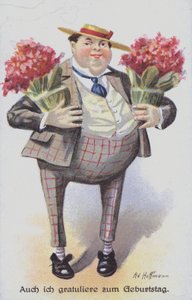 Születésnapi üdvözlőlap, amely egy férfit ábrázol, aki virágcsokrot cipel (chromolitho) alkotó: Anton Hoffmann