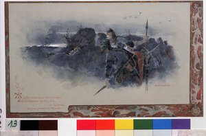 Illusztráció Alekszandr Puskin (1799-1837) Az aranykakas című meséhez (A. Puskin Az aranykakas című mese illusztrációja). A harcosok egy töltés mögé rejtőzve, ahol emberi koponyák láthatók, egy égő falura figyelnek. Munka alkotó: Anton Ivanovich Kandaurov