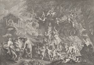 Vénusz ünnepe, szatírok, nimfák és puttik táncoló csoportjai Ve... szobra körül, 1732.