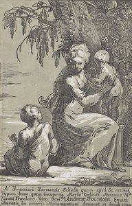 Egy nő áll a fa tövében, csecsemőt tart, ülő fiúval, 1724.