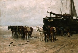 Holland: Bomschuit vontató lovakkal a scheveningeni strandon Halászhajó vontató lovakkal a scheveningeni strandon alkotó: Anton Mauve