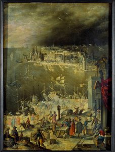 Tengeri kikötő kilátása Kereskedelmi tevékenységek, árukirakodás, tranzakciók ábrázolása a kikötő dokkjain. Anton Mozartnak (1573-1625) tulajdonított festmény, Sun. 0,3x0,22 m Párizs, Louvre Múzeum alkotó: Anton Mozart