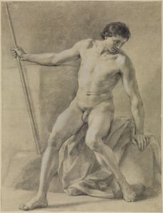 Ülő férfi akt, majdnem szemből, bottal a jobb kezében, lefelé tekintve alkotó: Anton Raphael Mengs