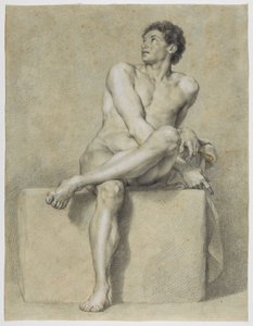 Ülő férfi akt, szemből, bal lábát a jobb fölé téve, felfelé tekintve alkotó: Anton Raphael Mengs